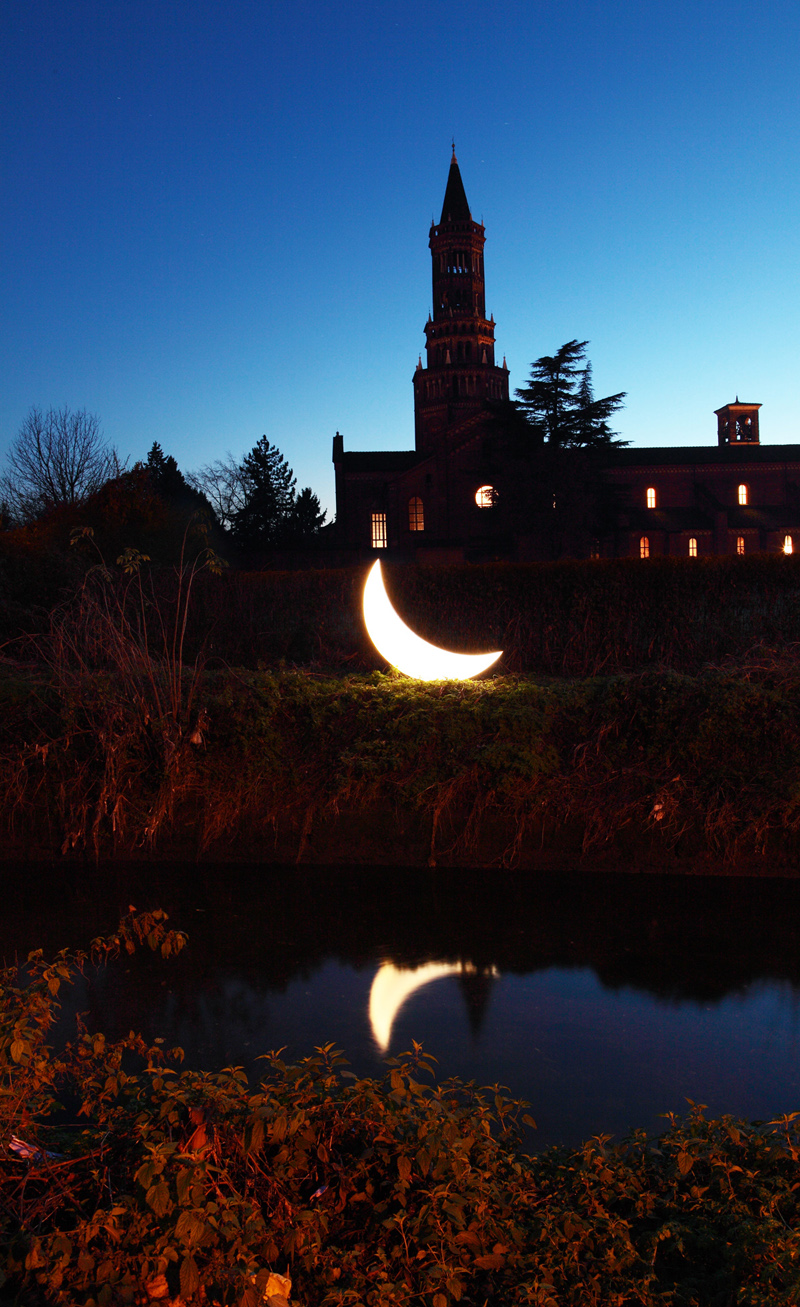 Private Moon in Italy. Moon as wandering monk in front of Abbazia di Chiaravelle