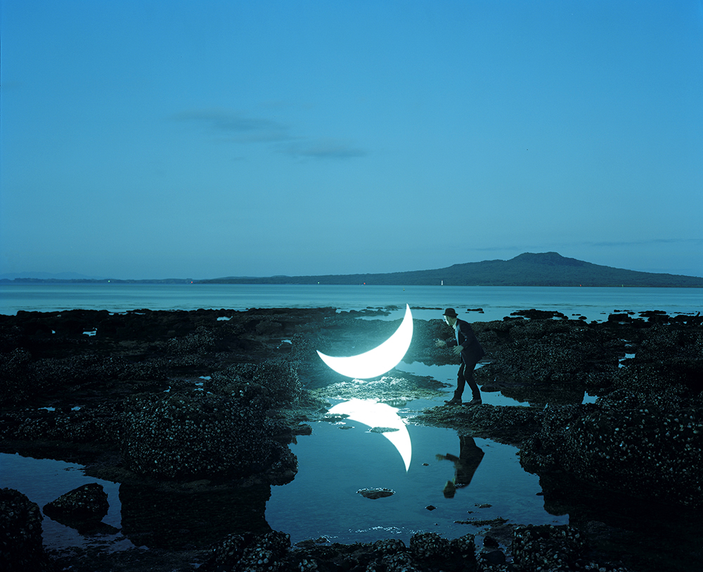 The Private Moon in front Rangitoto volcanic island, the Hauraki gulf near Aukland, New Zealand
